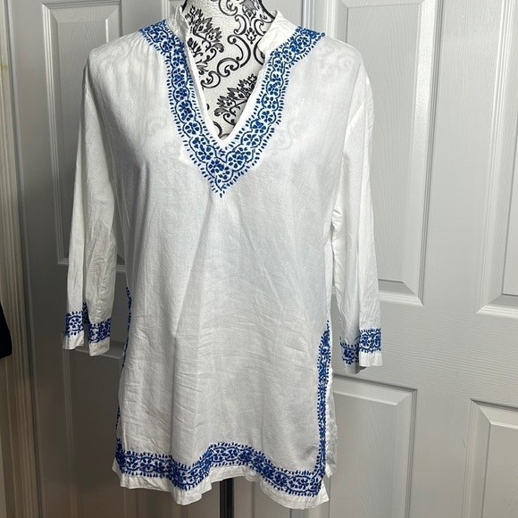 Efharis Mykonos White Blue Embroidered Top S READ - Picture 1 of 6